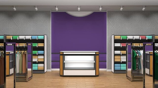 Clothing shop interior mockup. Display cases with clothes, hangers for clothes with mirrors, counter display, hanging banners gradually appear. 3d animation