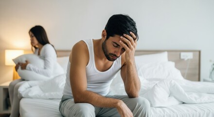 Fototapeta premium Caucasian man sitting on bed with hand on forehead, feeling stressed and worried