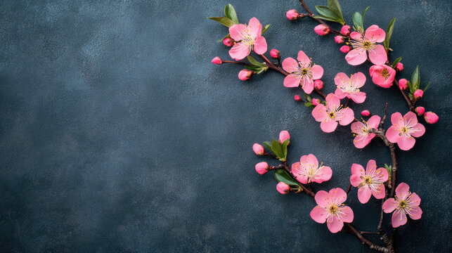 A blossoming branch with pink flowers on a dark background. Banner for the day of Nowruz. Copy space. Flat lay, top view