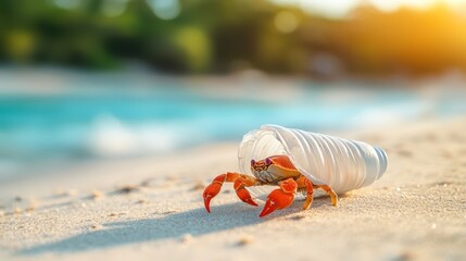 Obraz premium Hermit crab carrying plastic cap on deserted beach. Environmental awareness and pollution impact.