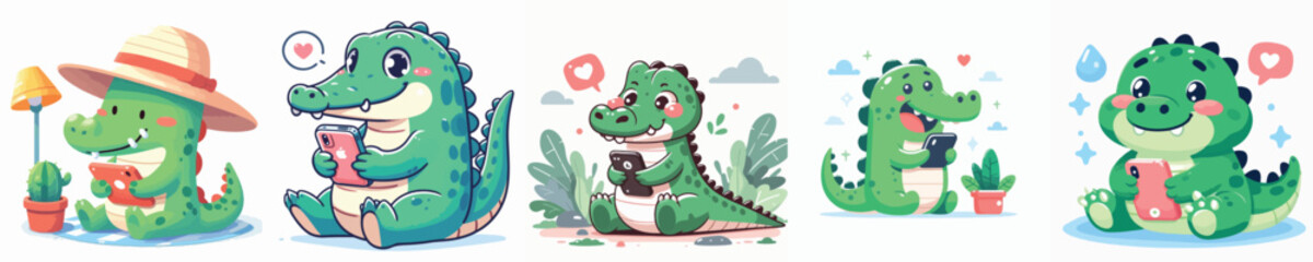 Vector set of cute crocodiles playing cell phones