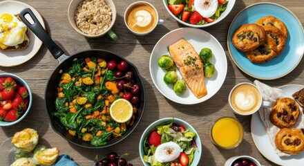 Colorful and healthy breakfast spread featuring salmon, salads, and pastries