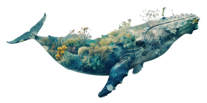 PNG Blue whale with ocean and coral exposure double double exposure.