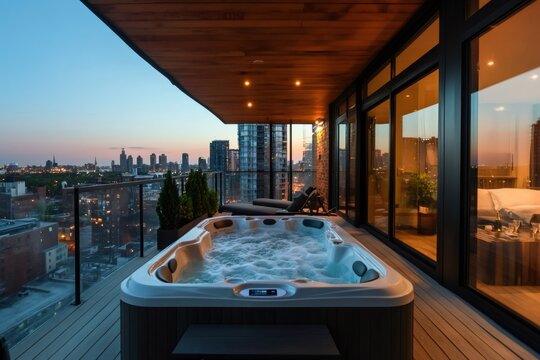 Modern rooftop jacuzzi overlooking city skyline at sunset