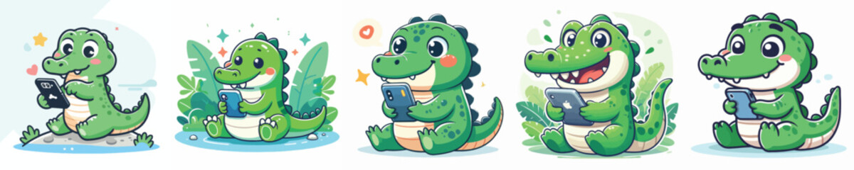 Vector set of cute crocodiles playing cell phones