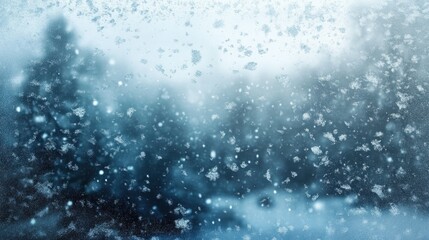 Snowflakes cling to a frosty window in winter scene