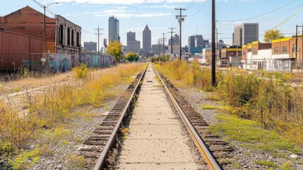 Fototapeta premium Overgrown Railroad Tracks Leading to a City Skyline