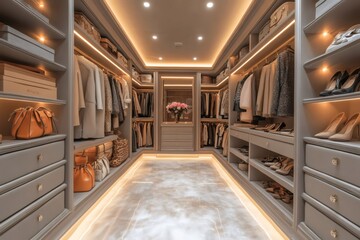 Large luxury walk in closet featuring stylish clothes, shoes, and handbags