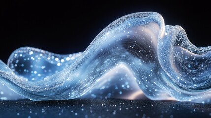 Ethereal wave of transparent material adorned with glowing particles