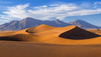 Majestic Desert Dunes and Mountains under a Vivid Sky