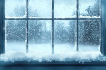 Snow covered window pane provides a picturesque view of winter