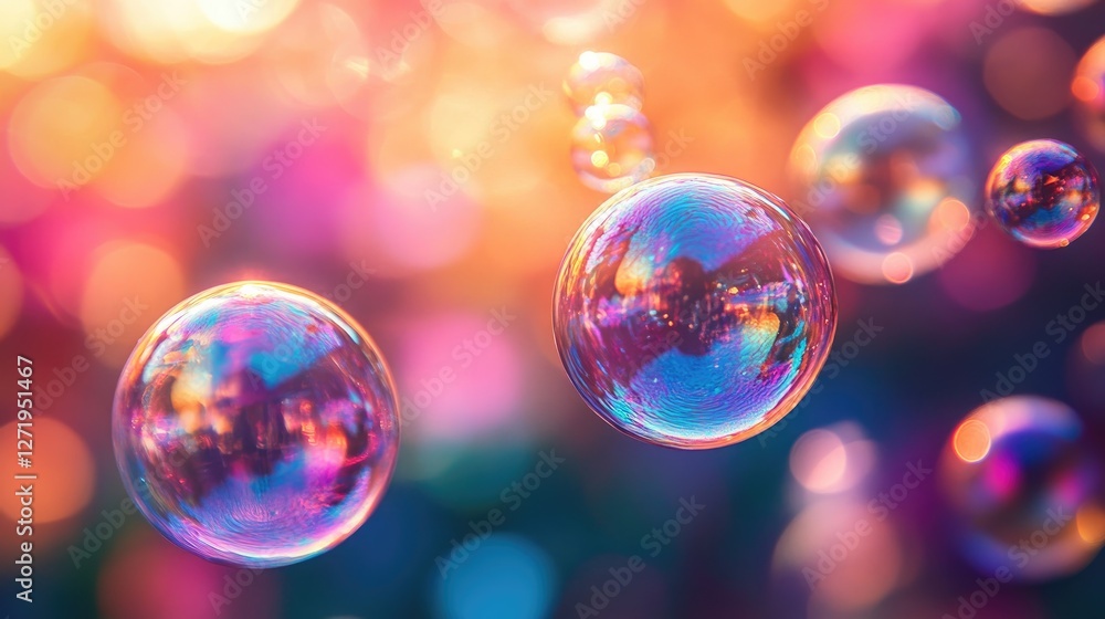 Poster Soap bubbles floating showing vibrant rainbow colors with bokeh background