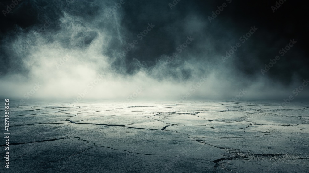 Poster empty space featuring a cracked concrete floor with misty white smoke floating in the dark backgroun
