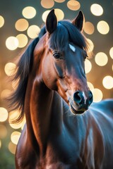 Obraz premium Elegant brown horse with flowing mane in a softly lit background surrounded by bokeh lights