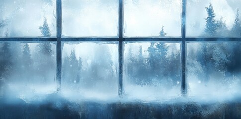 Window covered in frost with wintery forest scene behind