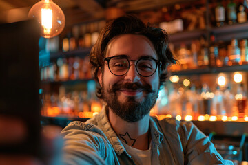 Ai generated photography of young man bartender in bar at evening