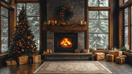 Holiday season living room scene with a decorated tree, glowing fireplace, and wrapped presents