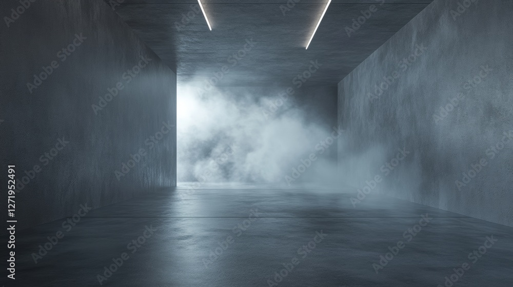 Poster minimalist setting with a textured concrete floor and soft, illuminated smoke swirling in the distan