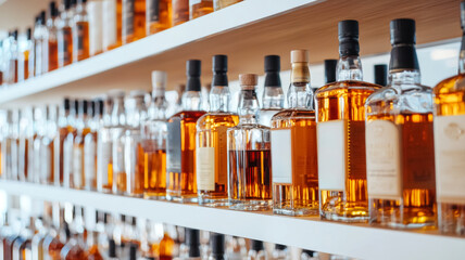 A vibrant display of whiskey bottles lined up on shelves, showcasing a variety of shapes and labels, highlighting the rich amber tones of the spirits.