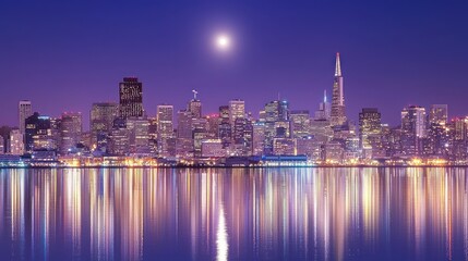 Fototapeta premium San Francisco Night Cityscape: Moonlit Reflection on Bay Waters