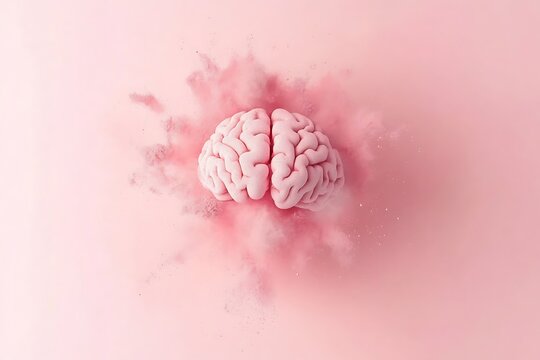 Exploding Brain Powder Concept on Soft Pink Background - Creative Science Illustration. Mental health. Mindfulness concept photorealistic photo