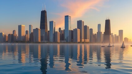 Obraz premium Sunset view of a skyline with reflections over water in a vibrant urban setting