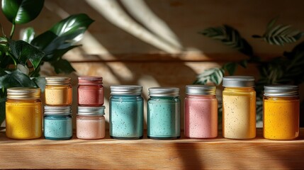 Colorful Jars of Paint Arranged on a Wooden Shelf Surrounded by Plants Generative AI
