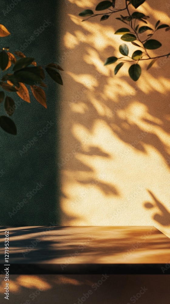 Poster sunlight streaming through window creates mesmerizing shadow patterns of leaves on beige wall, woode