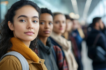 Fototapeta premium Women and men stand behind each other indoor generative AI