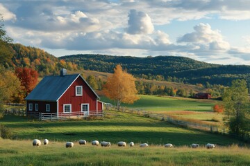 Obraz premium Sheep grazing in green field near red barn in autumn landscape
