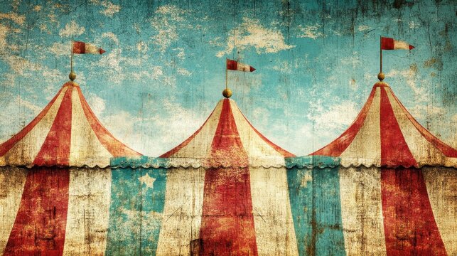 Three vintage circus tents against a textured sky background