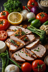 A vibrant assortment of fresh fruits, vegetables, nuts, and whole grains, beautifully arranged, showcasing the essence of healthy and balanced nutrition