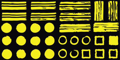 Straight marker line strokes , Hand drawn yellow stripes and circles text highlighter pen marker, brush. Rough grunge paint line texture Vector grungy sketch text boxes
