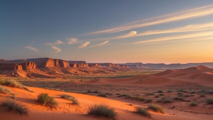 Naklejka premium Majestic sunset over desert landscape with sweeping sand dunes and rock formations