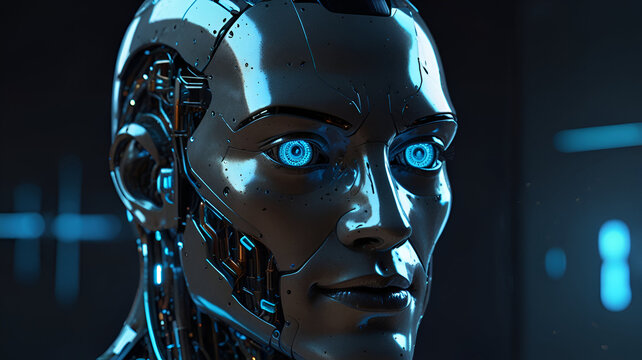 Futuristic android face, metallic skin, glowing blue eyes, exposed cybernetic components, dark background