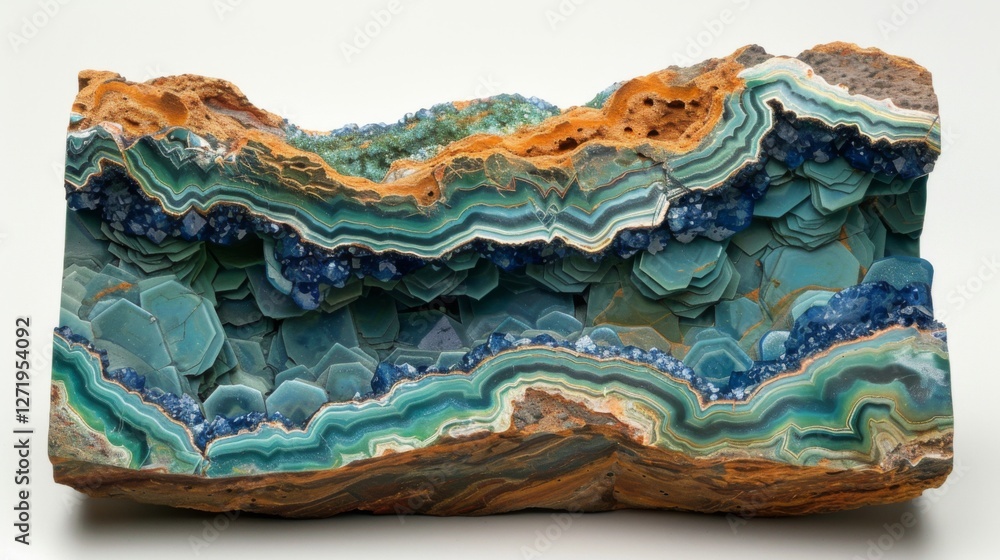 Poster a stunning display of a natural stone piece characterized by vibrant blue and green layers, revealin