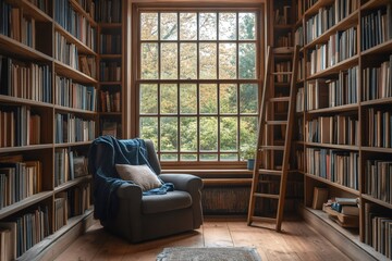 Cozy reading nook invites relaxation in a book filled library with wooden ladder and window view