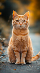 Captivating orange cat sitting gracefully in warm natural light, exuding charm and character in a serene outdoor setting