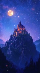 Fototapeta premium Illuminated castle sits atop a mountain at night