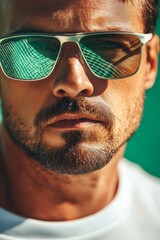 Stylish man in sunglasses exuding sporty energy and confidence. Man wearing active sporty style glasses in tennis environment.