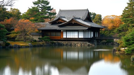 A historic Japanese castle with intricate architecture, surrounded by a traditional stone wall and moat,