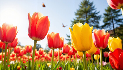 Obraz premium Seasonal blooms. Vibrant tulips blooming in botanical garden under sunlight, seasonal beauty