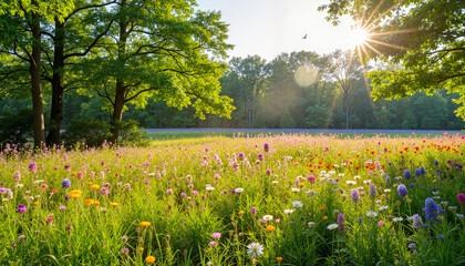 Fototapeta premium Seasonal blooms. Wildflower meadow blooming under sunlight in untouched nature reserve, serenity