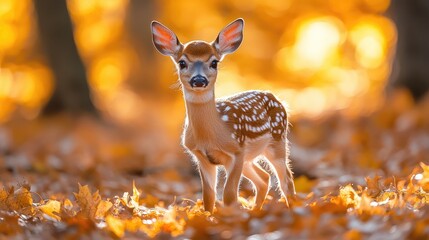 A charming young fawn stands amidst a carpet of autumn leaves, illuminated by golden sunlight filtering through the trees