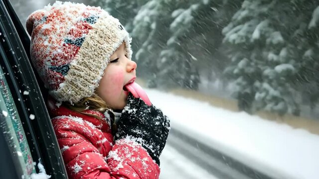 Happy Boy tasting snow through car window during snowfall. Child on a road trip. Little toddler is looking out from auto, opened his mouth, pulled out his tongue, catches snowflakes. Winter fun games