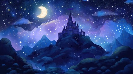 Fototapeta premium A majestic castle sits atop a mountain at night