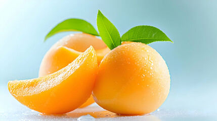 Juicy apricots, sliced and whole, with leaves, on a reflective surface, for food blogs