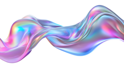 Iridescent Fluid Wave with Holographic Pastel Colors and Metallic Glossy Texture, Isolated on Transparent Background, Cutout.