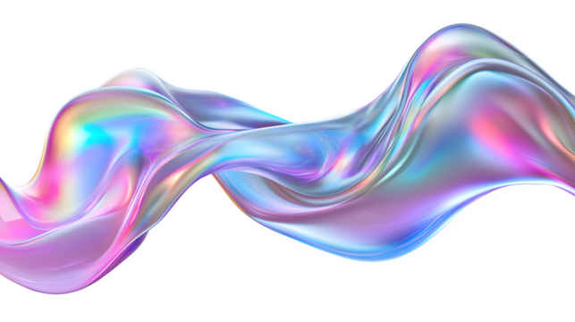 Iridescent Fluid Wave with Holographic Pastel Colors and Metallic Glossy Texture, Isolated on Transparent Background, Cutout.