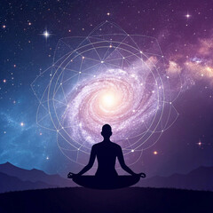 Minimalist yoga poses in lotus position with galactic spiral and cosmic energy meditation